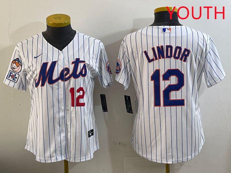 Youth New York Mets #12 Lindor White Stirpe Game Fashion 2025 Nike MLB Jersey style 2->youth mlb jersey->Youth Jersey